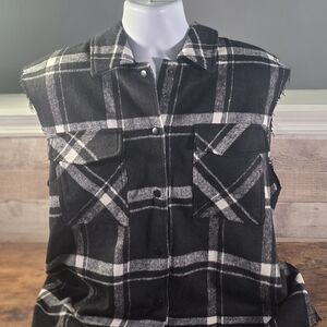 Oat New York Plaid Hunter Vest With Frayed Sleeves Size M